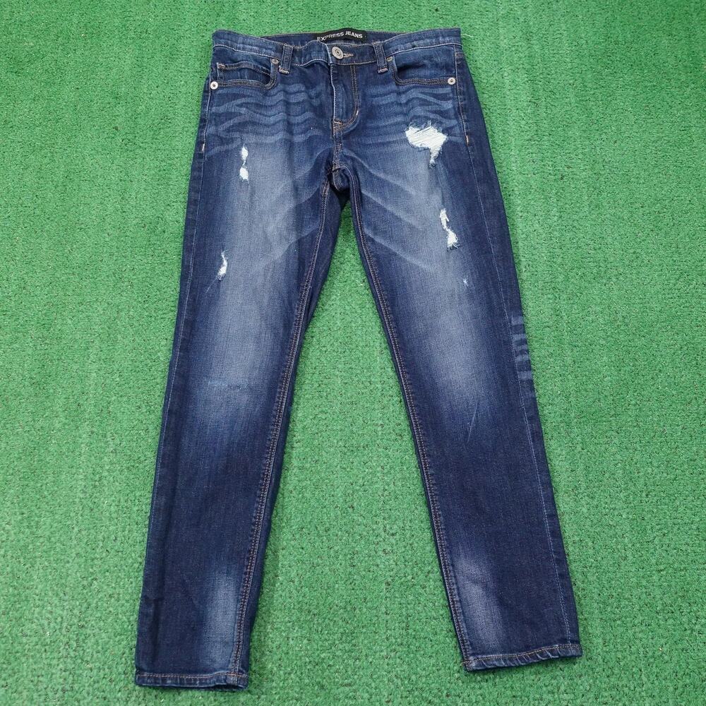 Express Girlfriend Jeans Womens 2 Blue Distressed Stretch Denim Medium Wash